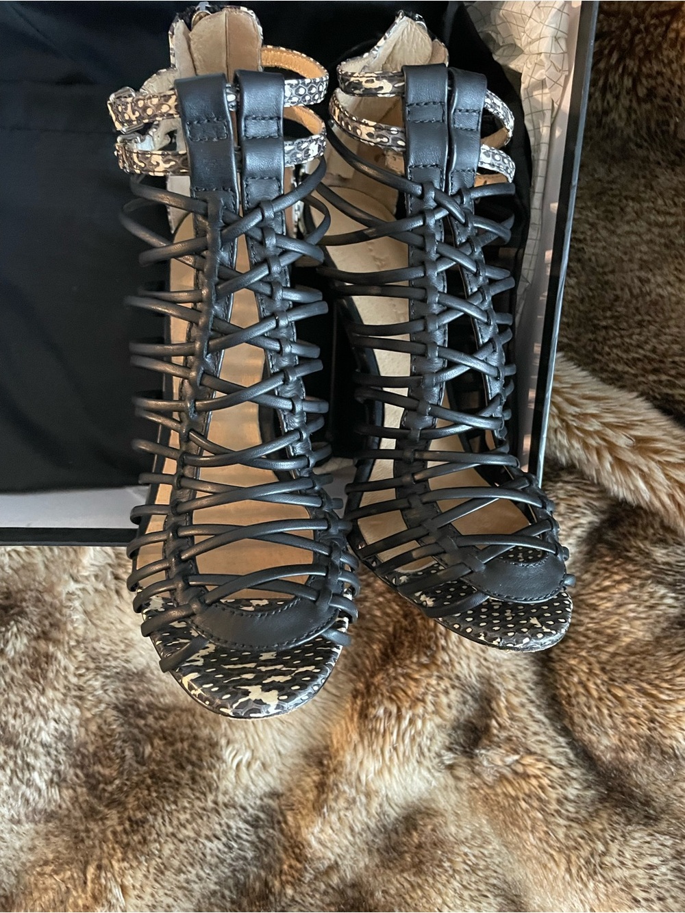 L.A.M.B. Black/Snake print stiletto cage style heels; 7; leather - Picture 4 of 8